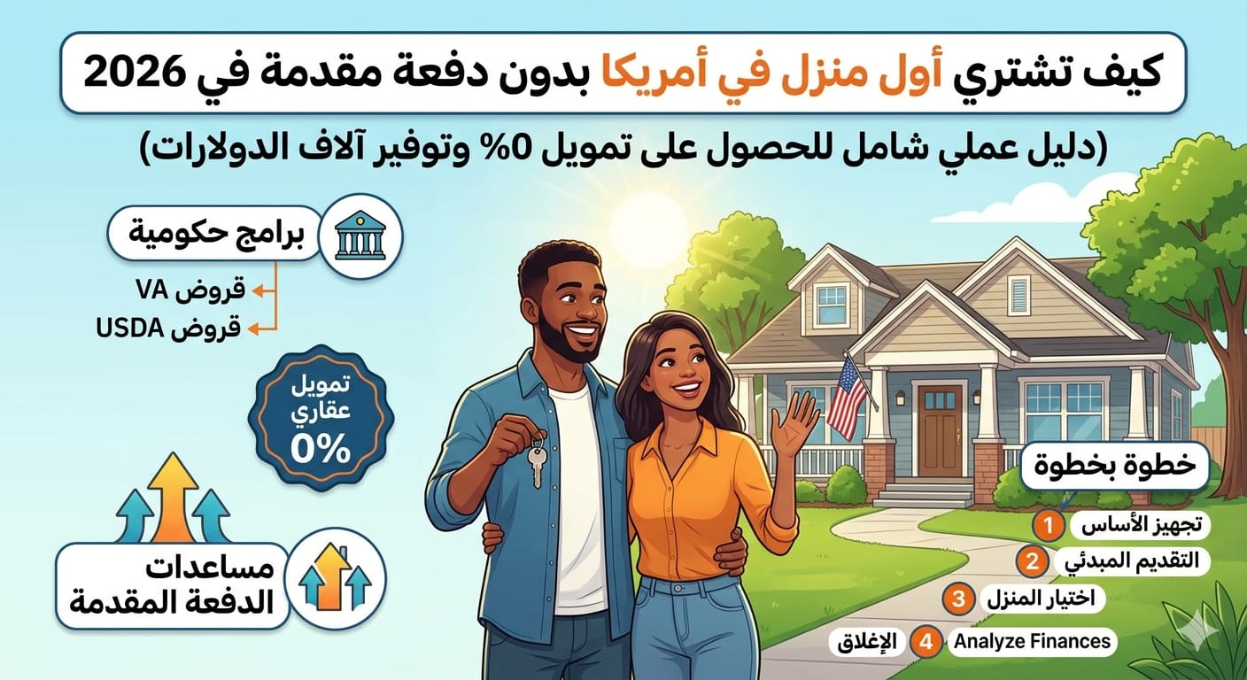 كيف تشتري أول منزل في أمريكا بدون دفعة مقدمة في 2026 (دليل عملي خطوة بخطوة للحصول على تمويل عقاري 0% Down Payment وتوفير آلاف الدولارات)