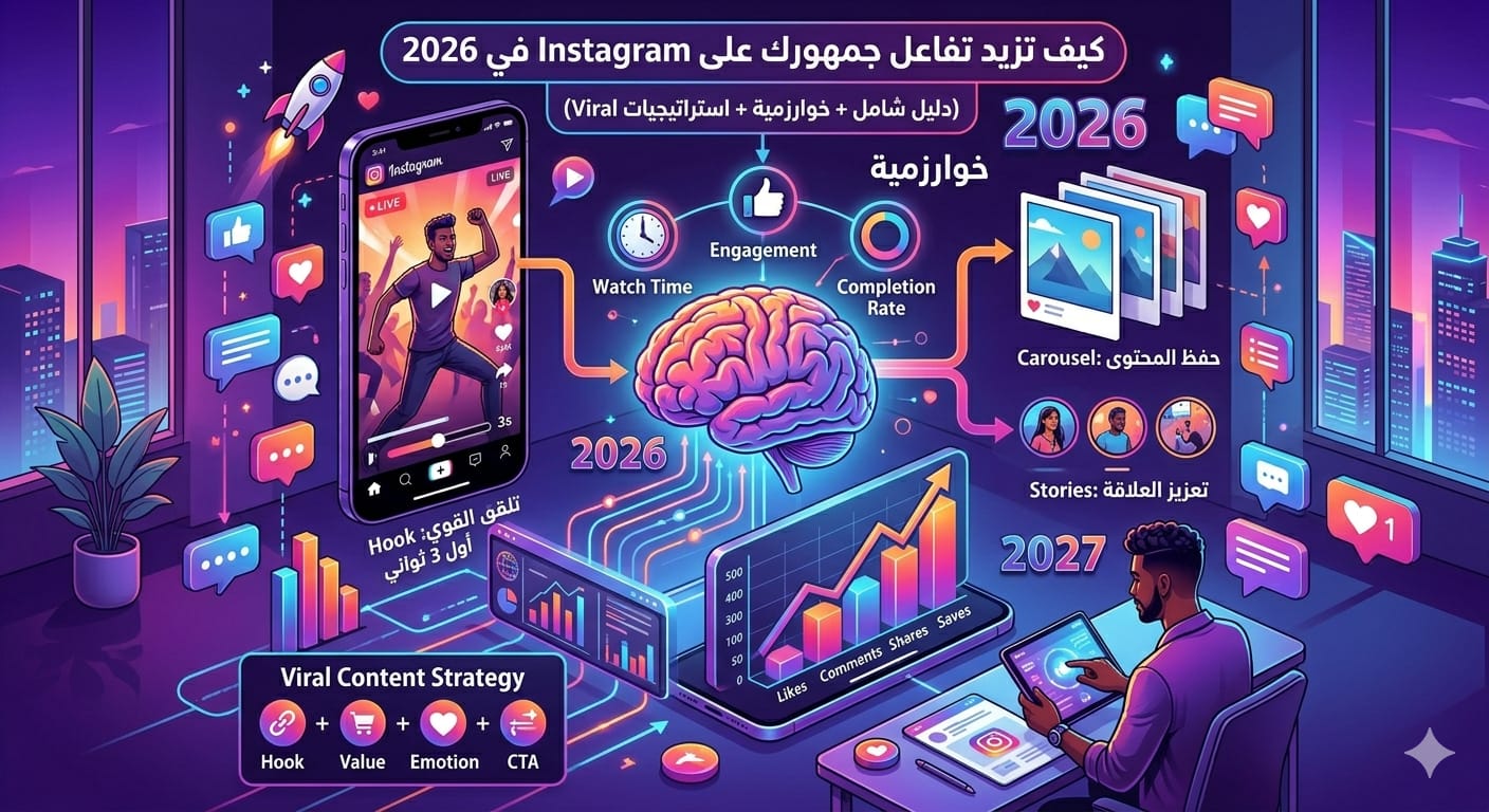 كيف تزيد تفاعل جمهورك على Instagram في 2026 (دليل شامل + خوارزمية + استراتيجيات Viral)